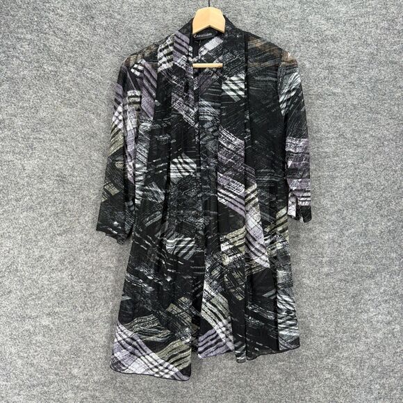 Creation Tops - Creation Top Women L Large Black Geometric Open Front 3/4 Sleeve Casual